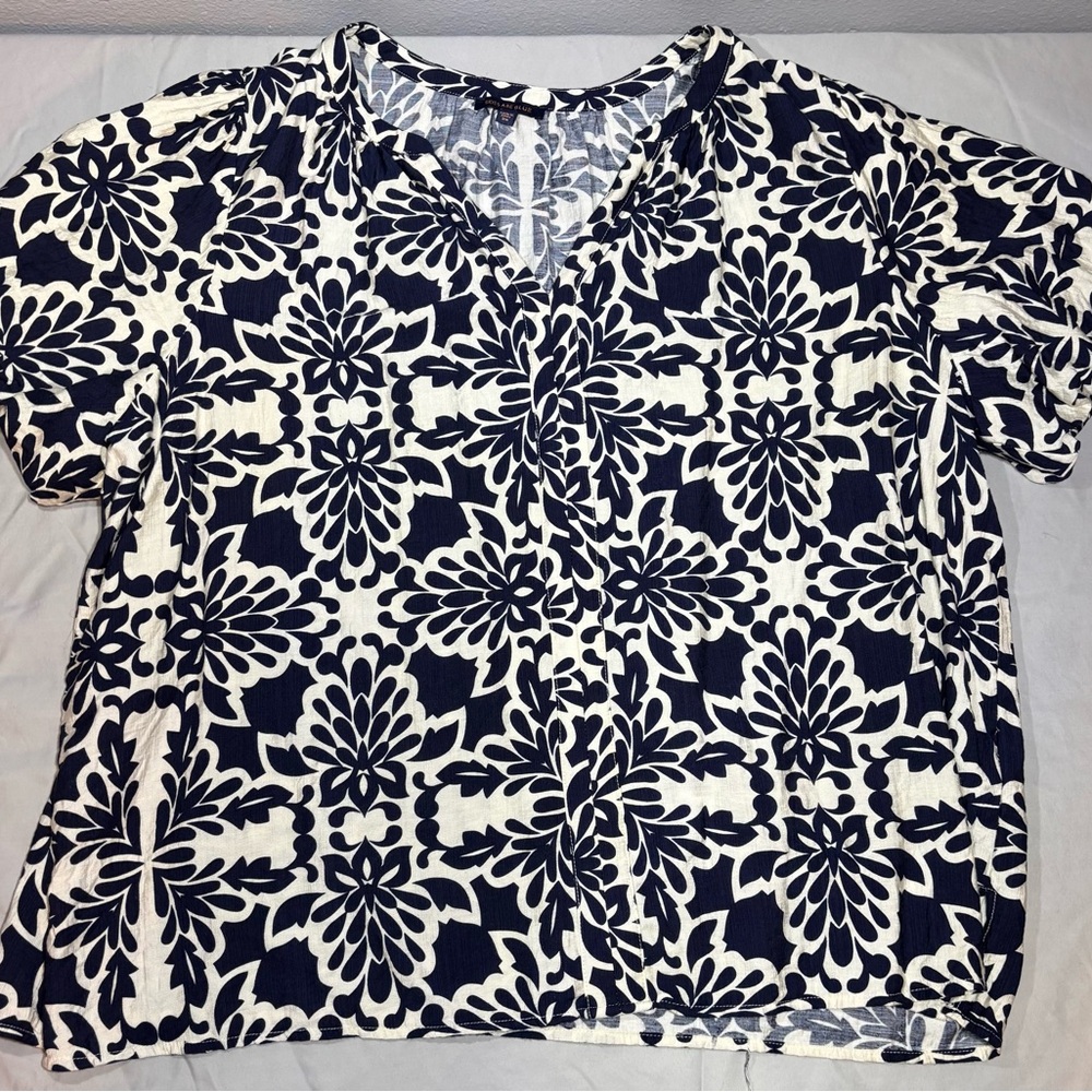 Navy and White Floral Women's Top